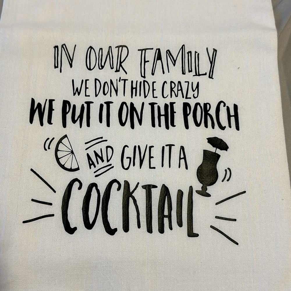 Family on porch and cocktail tea towel